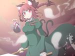  animal_ears anime_coloring bow braid breasts bwell cart cat_ears cat_tail cloud dress fairy_wings flying green_dress hair_bow halo hitodama kaenbyou_rin light_smile looking_at_viewer medium_breasts multiple_girls multiple_tails pushcart red_eyes red_hair ribbon short_hair tail touhou twilight twin_braids wind wind_lift wings zombie_fairy |_| 