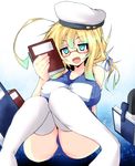  blonde_hair blue_eyes book breasts fang glasses hat huge_breasts i-8_(kantai_collection) jellylily kantai_collection long_hair one-piece_swimsuit red-framed_eyewear school_swimsuit smile solo swimsuit thighhighs twintails white_legwear 