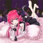  1girl :d arm_support bangs barefoot bed_sheet black_dress blue_eyes blurry blurry_background blush burning candle curled_horns depth_of_field detached_sleeves dragon_girl dragon_horns dragon_tail dress elizabeth_bathory_(fate) elizabeth_bathory_(fate)_(all) eyebrows_visible_through_hair fang fate/extra fate/extra_ccc fate_(series) fire frilled_pillow frills hair_between_eyes hair_ribbon head_tilt highres horns jd_(bibirijd) legs_up long_hair long_sleeves looking_at_viewer lying on_stomach open_mouth pillow pink_hair pleated_dress pointy_ears purple_ribbon ribbon smile soles solo tail two_side_up white_sleeves 