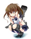  brown_eyes brown_hair commentary crying crying_with_eyes_open hair_ornament hairclip ikazuchi_(kantai_collection) kantai_collection mamo_williams midriff open_mouth pleated_skirt scared school_uniform serafuku short_hair skirt solo tears thighhighs torn_clothes zettai_ryouiki 