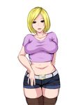  1girl belt blonde_hair breasts brown_eyes clothed denim denim_shorts female large_breasts lips naito_(artist) naito_(sirokuro1214) navel open_mouth original shorts simple_background solo standing thighhighs white_background 
