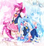  2girls aino_megumi black_legwear blue_eyes blue_hair blue_skirt bow brooch crown cure_lovely cure_princess hair_ornament happinesscharge_precure! heart heart_hair_ornament jewelry kneeling long_hair magical_girl mini_crown multiple_girls necktie pink_bow pink_eyes pink_hair pink_skirt ponytail precure ribbon shirayuki_hime shoes sitting skirt smile thighhighs twintails white_legwear wide_ponytail wrist_cuffs zettai_ryouiki zoom_layer 