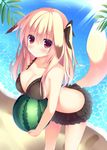  animal_ears ball beach beachball bikini blonde_hair blush breasts cleavage cloud day highres large_breasts leaf long_hair looking_at_viewer megarisu original outdoors red_eyes sand sky solo swimsuit tail water watermelon_beachball 