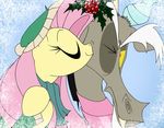  antler antlers berry discord_(mlp) draconequus duo equine eyes_closed fangs female fluttershy_(mlp) friendship_is_magic grievousfan hair hat hi_res holly horn horse kiss_on_cheek kissing male mammal my_little_pony one_eye_closed pegasus pink_hair pony red_eyes scarf snow snowflake sparkles wings winter_hat 