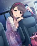  blue_eyes blush brown_hair car car_interior choker earrings ground_vehicle hair_ribbon hairband heart heart_pendant idolmaster idolmaster_cinderella_girls jewelry looking_at_viewer motor_vehicle official_art open_mouth pendant ribbon sakuma_mayu short_hair solo 