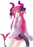 1girl :o ass black_ribbon blue_eyes blush curled_horns dragon_girl dragon_horns dragon_tail dress_shirt dutch_angle elizabeth_bathory_(fate) elizabeth_bathory_(fate)_(all) fang fate/extra fate/extra_ccc fate_(series) frilled_panties frills from_behind hair_ribbon highres horns jd_(bibirijd) long_hair long_sleeves looking_at_viewer looking_back no_pants nose_blush open_mouth panties pink_hair pink_panties pointy_ears ribbon shirt simple_background sleeves_past_fingers sleeves_past_wrists solo tail two_side_up underwear very_long_hair white_background white_shirt 