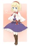  alice_margatroid belt blonde_hair blush boots brown_footwear capelet knee_boots necktie red_neckwear rin_(royal) short_hair solo thighhighs touhou zettai_ryouiki 