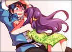  1girl black_hair blue_eyes blush bottomless braid china_dress chinese_clothes dress embarrassed harumi_chihiro hetero leaning long_hair purple_eyes purple_hair ranma_1/2 saotome_ranma shampoo_(ranma_1/2) single_braid 