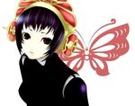  android artist_request black_hair bug butterfly insect metis persona persona_3 red_eyes simple_background solo 