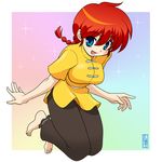  barefoot blue_eyes braid breasts genderswap genderswap_(mtf) large_breasts rainbow_background ranma-chan ranma_1/2 red_hair saotome_ranma shimeta_hiromitsu single_braid smile solo 