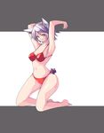  animal_ears armpits barefoot bikini fox_ears highres izayoi_sakuya kneeling looking_at_viewer navel red_eyes saiste short_hair silver_hair solo strap_gap swimsuit touhou 