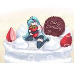  aqua_eyes aqua_hair bad_id bad_pixiv_id birthday cake detached_sleeves food fruit hatsune_miku holding holding_food holding_fruit in_food long_hair minazuki_(jo) minigirl pastry skirt solo strawberry thighhighs twintails very_long_hair vocaloid zettai_ryouiki 