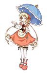  absurdres ahoge bangs blonde_hair bloomers blue_eyes blush closed_mouth curly_hair dress flower full_body headdress highres holding holding_umbrella long_hair long_sleeves looking_away official_art open_hand outstretched_hand pantyhose parasol pocket polka_(trusty_bell) red_footwear ribbon-trimmed_sleeves ribbon_trim shoes simple_background smile solo standing stitches trusty_bell twintails umbrella underwear very_long_hair white_background white_flower white_legwear yoshioka_kumiko 