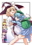  :d ;d alice_margatroid backpack bag blonde_hair boots glomp hair_bobbles hair_ornament hat hug jealous jitome kawashiro_nitori kirisame_marisa multiple_girls one_eye_closed open_mouth patchouli_knowledge peeking_out rectangular_mouth shanghai_doll smile tomokichi touhou triangle_mouth two_side_up 