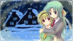  artist_request blonde_hair dress green_eyes green_hair half_updo higurashi_no_naku_koro_ni houjou_satoko hug long_hair lowres multiple_girls non-web_source red_eyes school_uniform short_hair snow sonozaki_shion 