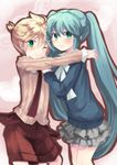  1girl aqua_eyes aqua_hair blush green_eyes hatsune_miku hikari_no hug kagamine_len long_hair one_eye_closed skirt smile twintails vocaloid 