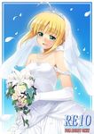  ahoge artoria_pendragon_(all) blonde_hair bride dress elbow_gloves fate/stay_night fate_(series) gloves green_eyes namonashi saber solo wedding_dress 