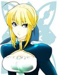  ahoge artoria_pendragon_(all) bangs blonde_hair blue_eyes bow braid breasts crest fate/stay_night fate_(series) frills hair_bow hair_bun highres kondoru medium_breasts saber single_braid solo 