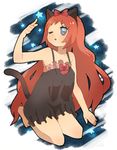  :o animal_ears bad_id bad_pixiv_id blue_eyes cat_ears chemise hair_ribbon highres kneeling long_hair one_eye_closed original red_hair ribbon solo star tail wamochi 