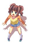  brown_hair from_above green_eyes idolmaster idolmaster_(classic) idolmaster_1 kanae_arisu looking_up open_mouth raglan_sleeves skirt socks solo takatsuki_yayoi twintails 