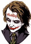  batman_(series) body_writing dc_comics formal glasgow_smile heath_ledger ina_(gokihoihoi) makeup male_focus necktie solo suit the_dark_knight the_joker why_so_serious 