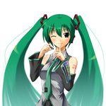  bare_shoulders detached_sleeves finger_to_mouth green_eyes green_hair hatsune_miku headphones koikeya long_hair microphone necktie one_eye_closed solo twintails very_long_hair vocaloid 