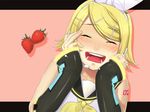  blonde_hair blush closed_eyes food fruit hair_ornament hair_ribbon hairclip kagamine_rin nail_polish ozone ribbon short_hair solo strawberry vocaloid yellow_nails 