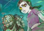  big_daddy bioshock bioshock_1 brown_hair child little_sister multicolored multicolored_eyes ponytail rokumen_saikoro 