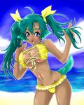  animal_ears beach bikini blue_eyes dark_skin day dog_ears fang gomakichi green_hair highres long_hair original outdoors solo swimsuit twintails 