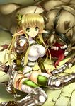  armor arrow blonde_hair bow_(weapon) breasts elf green_eyes huge_breasts long_hair monster okonogi_noi original pointy_ears quiver solo thighhighs twintails weapon 
