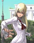  blonde_hair blue_eyes face fighting_stance fingerless_gloves gloves lili_(tekken) long_hair skirt solo tea_(nakenashi) tekken white_skirt 