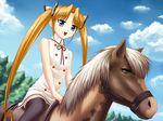  blonde_hair blue_eyes horse kimi_ga_aruji_de_shitsuji_ga_ore_de kuonji_miyu long_hair non-web_source panties pantyshot riding solo striped striped_panties thighhighs twintails underwear 