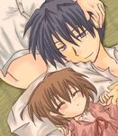  2girls clannad family furukawa_nagisa husband_and_wife lap_pillow lowres minami_to_uri_to multiple_girls okazaki_tomoya okazaki_ushio sleeping 