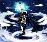  arm_cannon arms_up black_hair black_wings dissolving highres holding_arm kirisato_itsuki long_hair reiuji_utsuho skirt smoke solo standing touhou weapon wings 