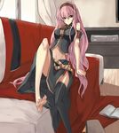  barefoot couch feet game_console long_hair megurine_luka midriff navel rage_(rojiura) solo thighhighs very_long_hair vocaloid xbox_360 