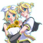  1girl aqua_eyes blonde_hair brother_and_sister flower glowing kagamine_len kagamine_rin lowres matsudo_aya siblings sunflower twins vocaloid 