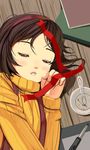  bad_id bad_pixiv_id blush book brown_hair copyright_request drawing_tablet food hairband hands ice_cream masao ribbon short_hair sleeping solo spoon stylus sweater turtleneck turtleneck_sweater upper_body 