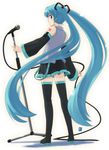  back bad_id bad_pixiv_id blue_eyes blue_hair detached_sleeves full_body hatsune_miku highres long_hair looking_back microphone microphone_stand nagian skirt smile solo standing thighhighs twintails very_long_hair vocaloid zettai_ryouiki 