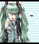  detached_sleeves green_eyes green_hair hatsune_miku long_hair necktie neota one_eye_closed solo twintails vocaloid 