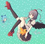  black_hair black_wings blue_eyes blue_hair camera cirno fan geta hat hauchiwa kimarin kneehighs multiple_girls red_eyes shameimaru_aya socks tengu-geta tokin_hat touhou translation_request wings 