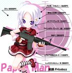  child fingerless_gloves gloves gun kiira paper_man purple_eyes rifle short_hair skirt smile socks solo striped striped_legwear translated weapon white_hair 