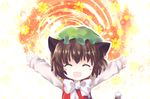  \o/ animal_ears arms_up bad_id bad_pixiv_id brown_hair cat_ears cat_tail chen earrings fangs flower happy hat highres jewelry outstretched_arms short_hair silverms2 solo tail touhou 