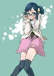  adjusting_eyewear bespectacled blue_hair blush glasses hair_ornament hairclip hikari_(pokemon) pokemon short_hair smile socks solo takanashi_ringo thighhighs 