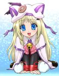  animal_ears animal_hat bat bell beret blonde_hair blue_eyes blush bow cape cat_ears cat_hat fang hair_ornament hairclip hat large_buttons little_busters! long_hair noumi_kudryavka pink_bow school_uniform solo thighhighs ueyama_michirou 