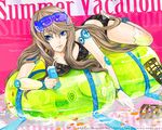  bare_shoulders bikini blue_eyes brown_hair copyright_request long_hair lying maguchimo solo swimsuit 