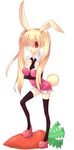  animal_ears bad_id bad_pixiv_id between_breasts blonde_hair breast_hold breasts bunny_ears bunny_girl bunny_tail carrot elbow_gloves gloves hanasaki_mahiru legs long_hair medium_breasts necktie one_eye_closed original red_eyes solo tail thighhighs twintails 