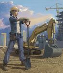  artoria_pendragon_(all) blonde_hair boots caterpillar_tracks cityscape closed_mouth cloud commentary construction construction_site construction_worker crane engrish_commentary evokid excavator fate/stay_night fate_(series) hammer hardhat helmet highres parody pun realistic saber shovel sky sleeves_rolled_up solo 