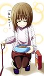  :d ^_^ ^o^ black_legwear bowl brown_hair closed_eyes full_body long_sleeves looking_at_viewer lyrical_nanoha mahou_shoujo_lyrical_nanoha mahou_shoujo_lyrical_nanoha_a's open_mouth pantyhose pencil_skirt pet_bowl short_hair skirt smile solo sweater translated yagami_hayate 