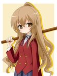  aisaka_taiga bokken brown_eyes brown_hair long_hair oohashi_high_school_uniform school_uniform solo sword takami_ryou toradora! weapon wooden_sword 