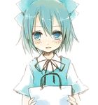  blue_eyes blue_hair bow cirno hair_bow hair_ribbon ribbon rin_(royal) short_hair short_sleeves solo tears touhou 